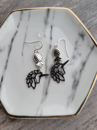 Swinger Unicorn Earrings with an upside down pineapple for the Unicorn and Swinger lifestyle, Silver Unicorn Earrings that dangle and drop
