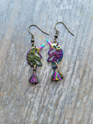Unicorn Earrings, Holographic Unicorn Earrings, Rainbow Unicorn with Tassel, Unicorn Birthday Gift, Unicorn Party Gift, Hostess Gift