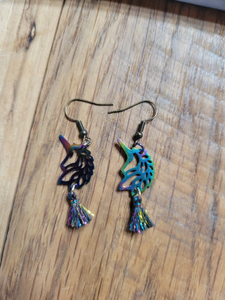 Unicorn Earrings, Holographic Unicorn Earrings, Rainbow Unicorn with Tassel, Unicorn Birthday Gift, Unicorn Party Gift, Hostess Gift