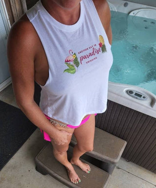 Women's Razor Back Top, Another Day in Paradise Swinging with an Upside Down Pineapple and Flamingo, Swinger shirt, Wet Tshirt