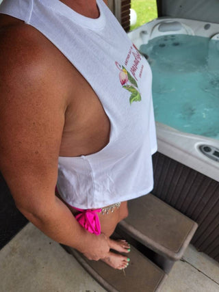 Women's Razor Back Top, Another Day in Paradise Swinging with an Upside Down Pineapple and Flamingo, Swinger shirt, Wet Tshirt