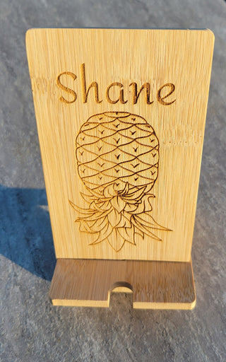 Personalized Upside Down Pineapple Bamboo Wood Phone Holder, Swinger lifestyle decor, Unfinished Raw Wood, Cell Phone Stand