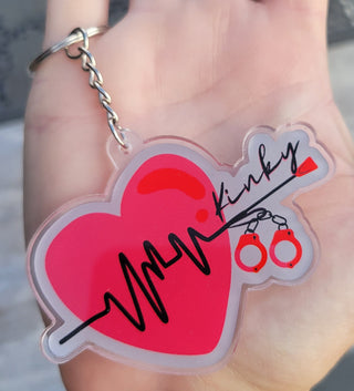 Kinky Keychain or Zipper Pull, Red Heartbeat with whip and handcuffs, BDSM Decor, Acrylic Silver Keychain, Gift for Sub or Dom