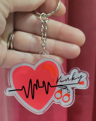 Kinky Keychain or Zipper Pull, Red Heartbeat with whip and handcuffs, BDSM Decor, Acrylic Silver Keychain, Gift for Sub or Dom