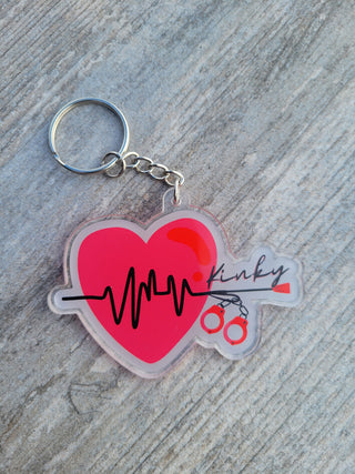Kinky Keychain or Zipper Pull, Red Heartbeat with whip and handcuffs, BDSM Decor, Acrylic Silver Keychain, Gift for Sub or Dom