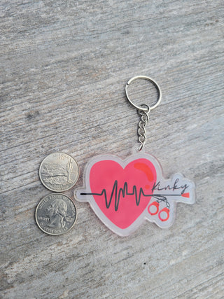 Kinky Keychain or Zipper Pull, Red Heartbeat with whip and handcuffs, BDSM Decor, Acrylic Silver Keychain, Gift for Sub or Dom