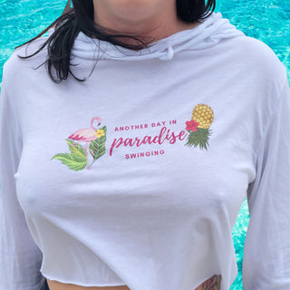 Women's Cropped Hoddie, Size M, Another Day In Paradise Swinging, White Shirt, Upside Down Pineapple Shirt for the Lifestyle