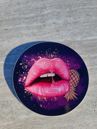 Glossy Luscious Pink lips with a Gold Upside Down Pineapple, Glossy Sticker, Tumbler sticker, Hotwife Decor, Swinger Lifestyle
