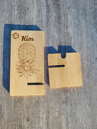 Personalized Upside Down Pineapple Bamboo Wood Phone Holder, Swinger lifestyle decor, Unfinished Raw Wood, Cell Phone Stand