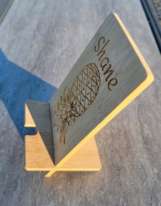 Personalized Upside Down Pineapple Bamboo Wood Phone Holder, Swinger lifestyle decor, Unfinished Raw Wood, Cell Phone Stand