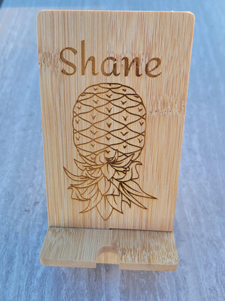 Personalized Upside Down Pineapple Bamboo Wood Phone Holder, Swinger lifestyle decor, Unfinished Raw Wood, Cell Phone Stand