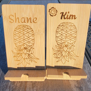 Personalized Upside Down Pineapple Bamboo Wood Phone Holder, Swinger lifestyle decor, Unfinished Raw Wood, Cell Phone Stand