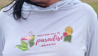 Women's Cropped Hoddie, Size M, Another Day In Paradise Swinging, White Shirt, Upside Down Pineapple Shirt for the Lifestyle