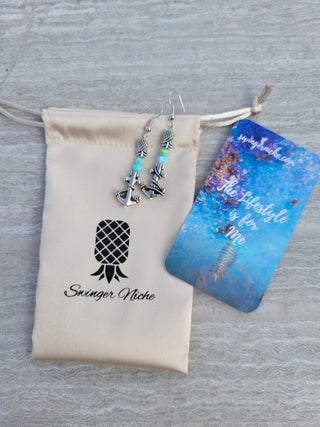Anchor and Pineapple Charm Earrings / Upside Down Pineapple Earrings with an Anchor and Small Oceanic Colored Beads