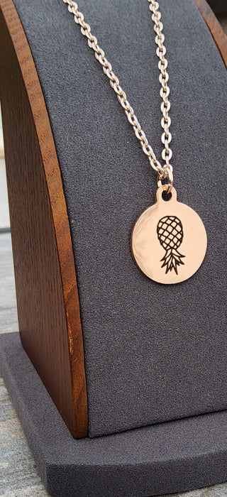 Rose Gold Upside Down Pineapple Necklace / Charm is Stainless Steel Engraved / 18" Necklace Length/ Swinger Necklace