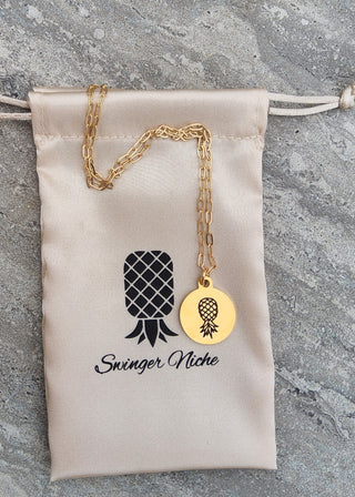 Gold Upside Down Pineapple Necklace / Charm is Stainless Steel Engraved / Necklace Length/ Swinger Necklace