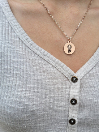 Rose Gold Upside Down Pineapple Necklace / Charm is Stainless Steel Engraved / 18" Necklace Length/ Swinger Necklace