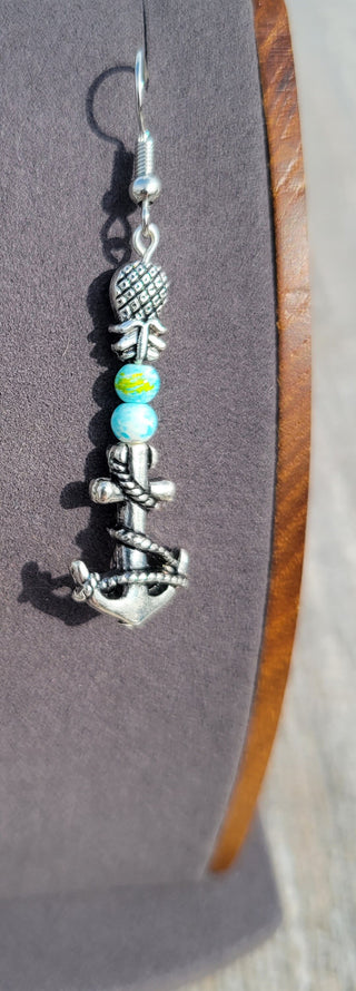 Anchor and Pineapple Charm Earrings / Upside Down Pineapple Earrings with an Anchor and Small Oceanic Colored Beads