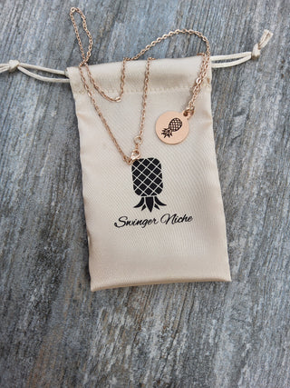 Rose Gold Upside Down Pineapple Necklace / Charm is Stainless Steel Engraved / 18" Necklace Length/ Swinger Necklace