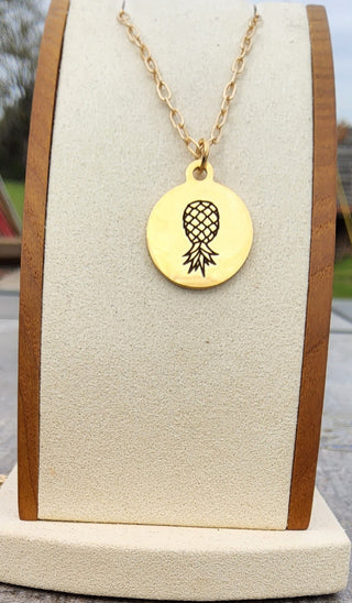 Gold Upside Down Pineapple Necklace / Charm is Stainless Steel Engraved / Necklace Length/ Swinger Necklace