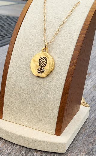 Gold Upside Down Pineapple Necklace / Charm is Stainless Steel Engraved / Necklace Length/ Swinger Necklace