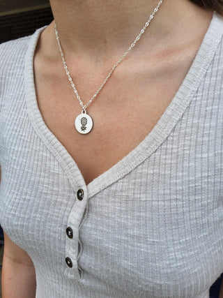 Silver Upside Down Pineapple Necklace / Charm is Stainless Steel Engraved / 16" Necklace Length/ Swinger Necklace