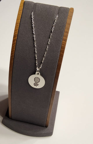 Silver Upside Down Pineapple Necklace / Charm is Stainless Steel Engraved / 16" Necklace Length/ Swinger Necklace