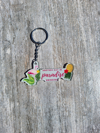 Another Day in Paradise Swinging with an Upside Down Pineapple and Flamingo / Swinger Lifestyle Keychain / Luggage Zipper Pull
