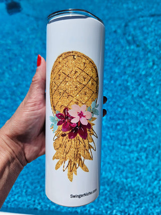 Swinger Lifestyle Tumbler with Upside Pineapple in a beautiful floral design, Personalized Option