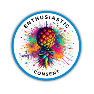 Enthusiastic Consent Upside Down Pineapple Sticker with a Burst of Color for the Swinger Lifestyle, 3", Weatherproof Vinyl