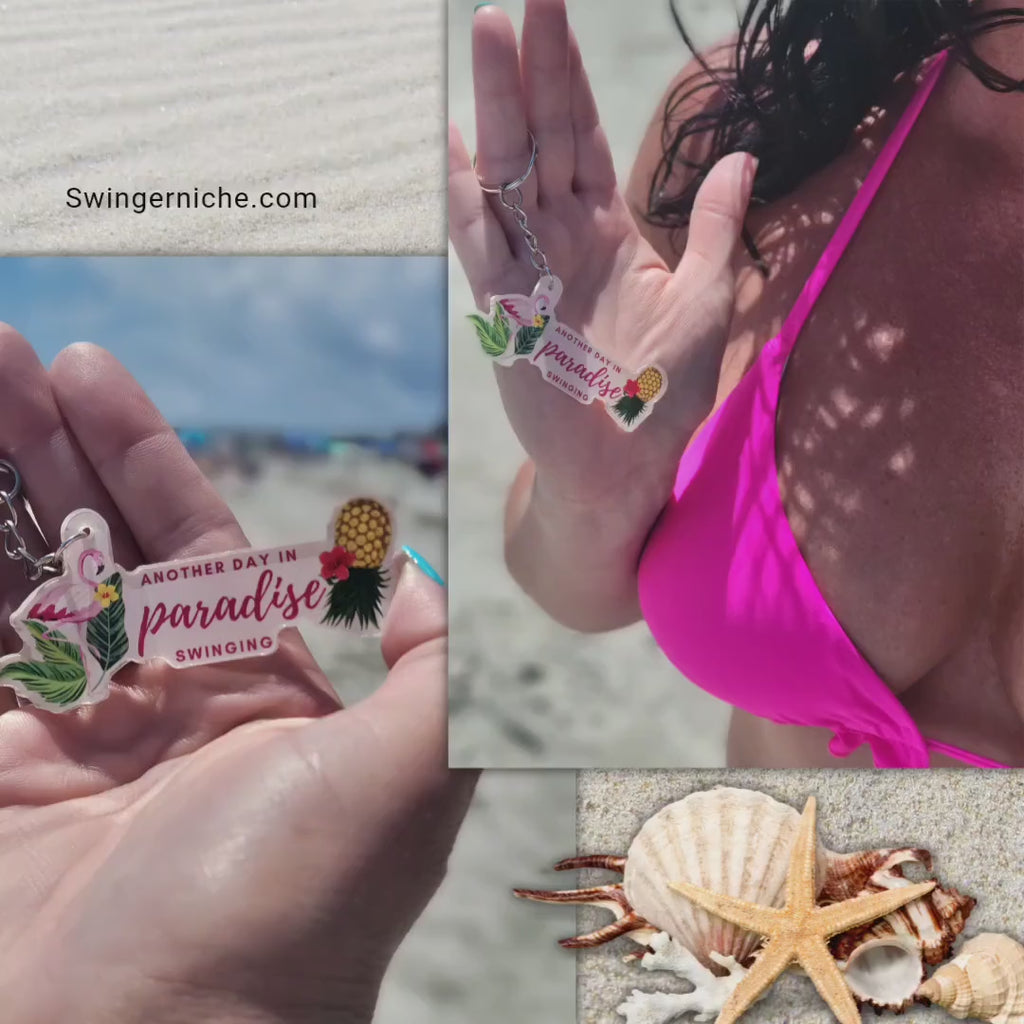 Another Day in Paradise Swinging with an Upside Down Pineapple and Flamingo / Swinger Lifestyle Keychain / Luggage Zipper Pull