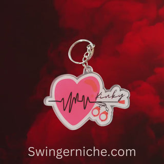 Kinky Keychain or Zipper Pull, Red Heartbeat with whip and handcuffs, BDSM Decor, Acrylic Silver Keychain, Gift for Sub or Dom