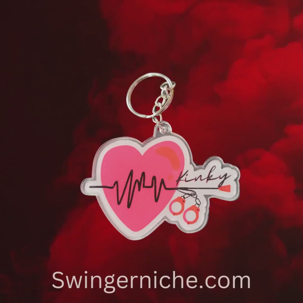 Kinky Keychain or Zipper Pull, Red Heartbeat with whip and handcuffs, BDSM Decor, Acrylic Silver Keychain, Gift for Sub or Dom